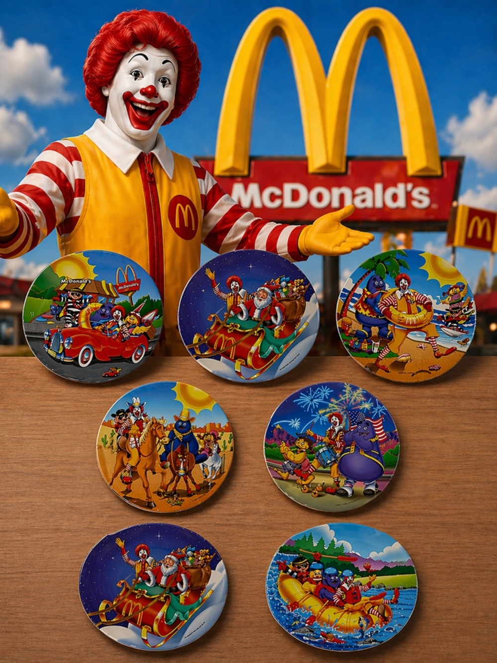 Vintage 90's McDonalds Ronald McDonald Melamine 9.5" Collectors Plates Set of 7